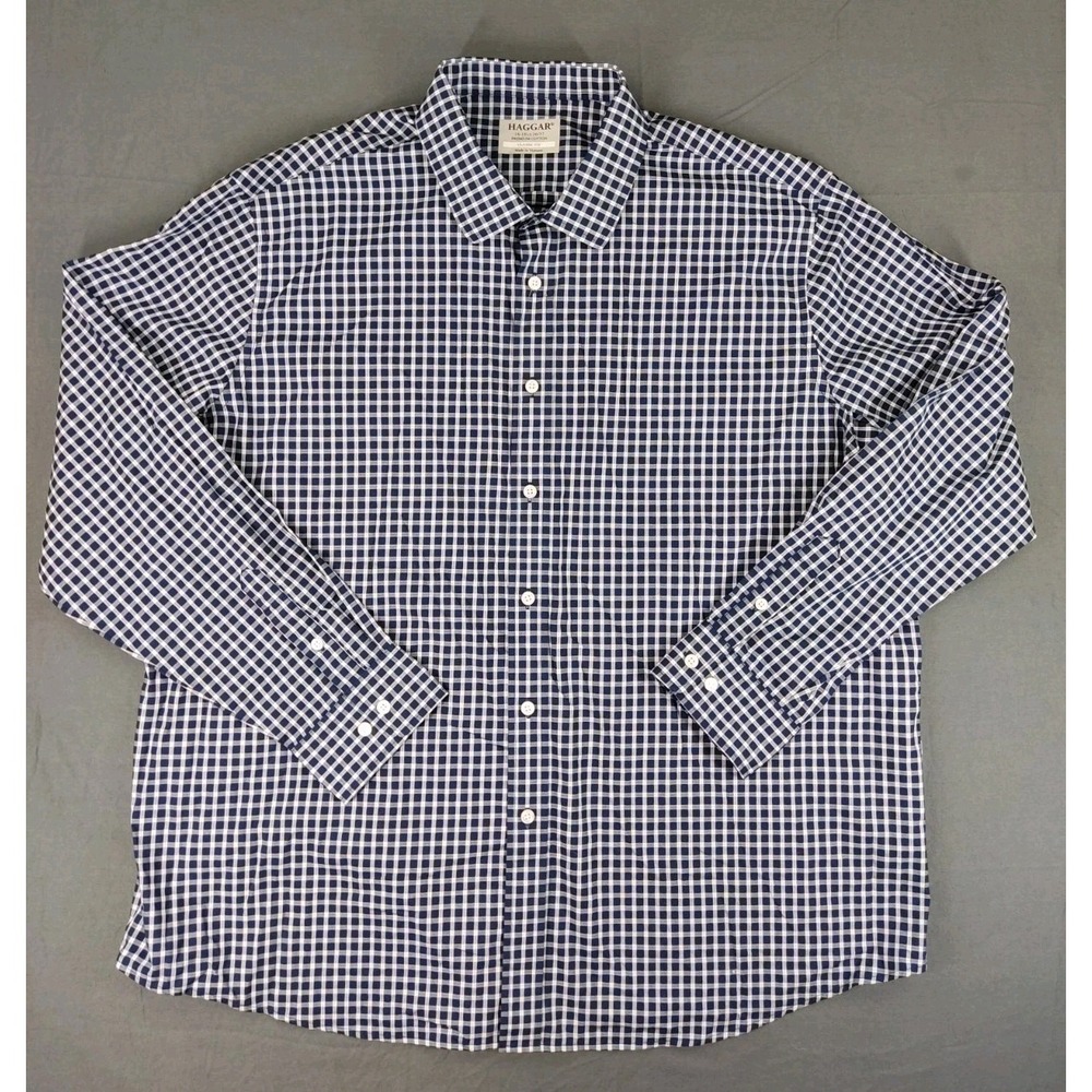 Haggar Dress Shirt Mens 18-18.5 36/37 Navy Blue Check Classic‎ Fit 2XL